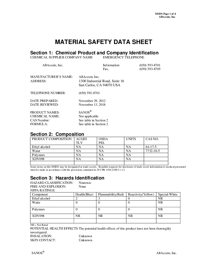 

Sikkerhedsdatablad SANOS tandforsegling inkl. 1 portion lak og 4 børster

