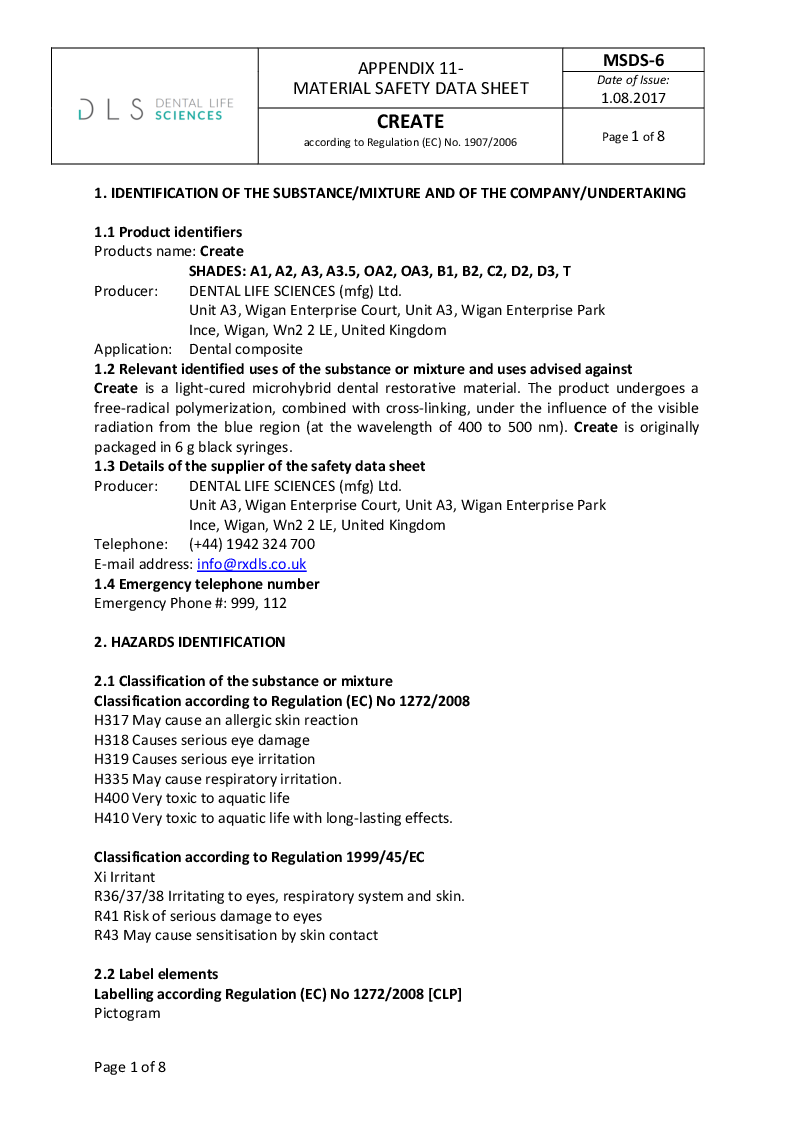 

MSDS iM3 Create composit A1, lyshærdende, 6 gram i sprøjte

