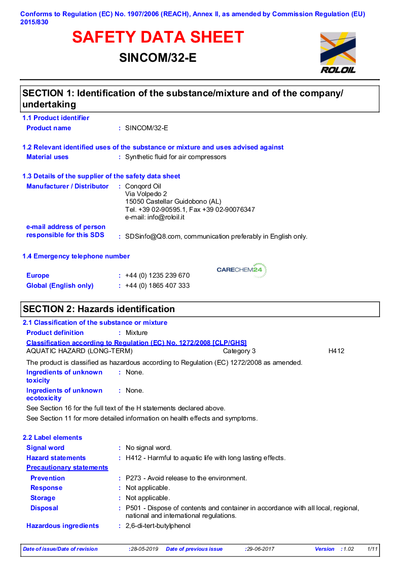 

Sikkerhedsdatablad engelsk Olie til kompressor

