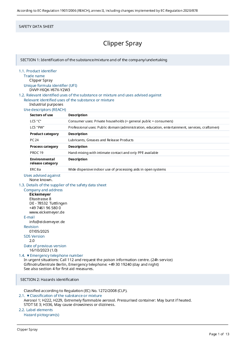 

902513 Engelsk Sikkerhedsdatablad Klippespray, 400ml

