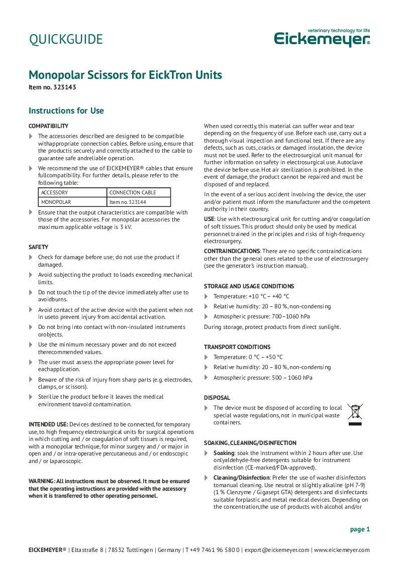 

323143 Manual. Monopolar Scissors for EickTron Units Man engl

